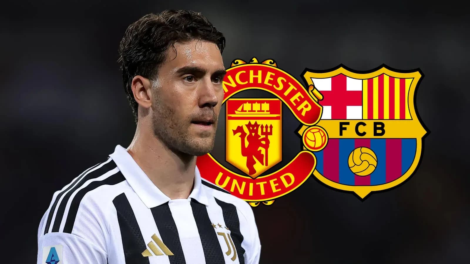 Jugador de Juventus con logotipos de Manchester United y Barcelona Jugador de Juventus con logotipos de Manchester United y Barcelona