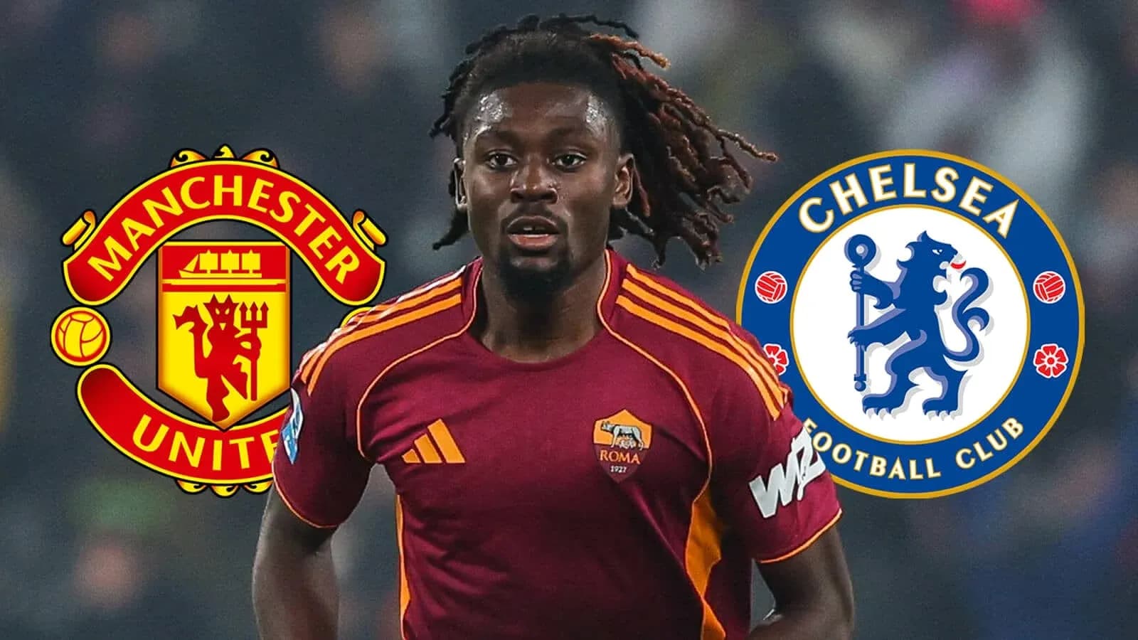 Jugador de la Roma con logos de Manchester United y Chelsea Jugador de la Roma con logos de Manchester United y Chelsea