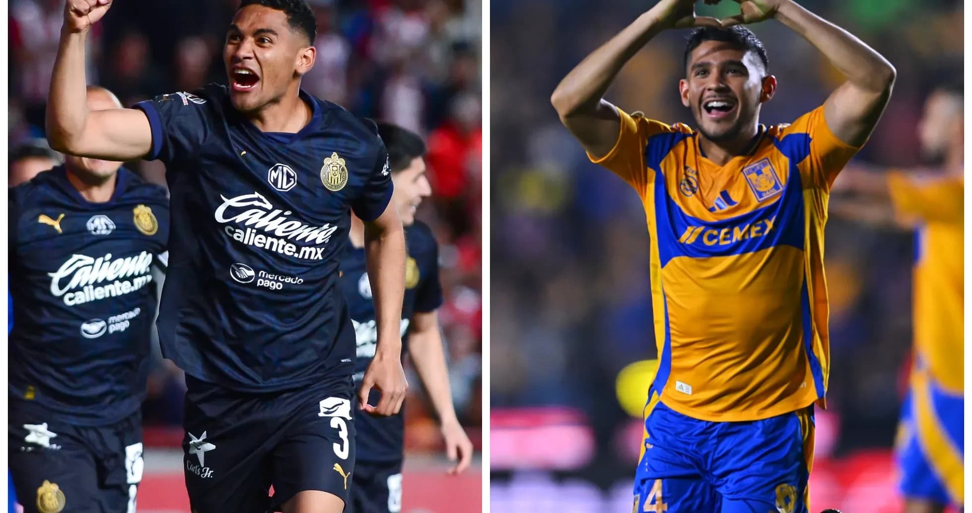 Jugadores de Chivas y Tigres celebrando goles Jugadores de Chivas y Tigres celebrando goles