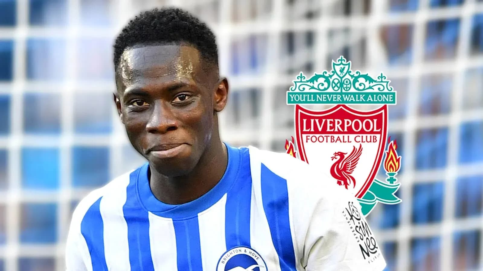 Jugador de Brighton sonriente con escudo de Liverpool Jugador de Brighton sonriente con escudo de Liverpool