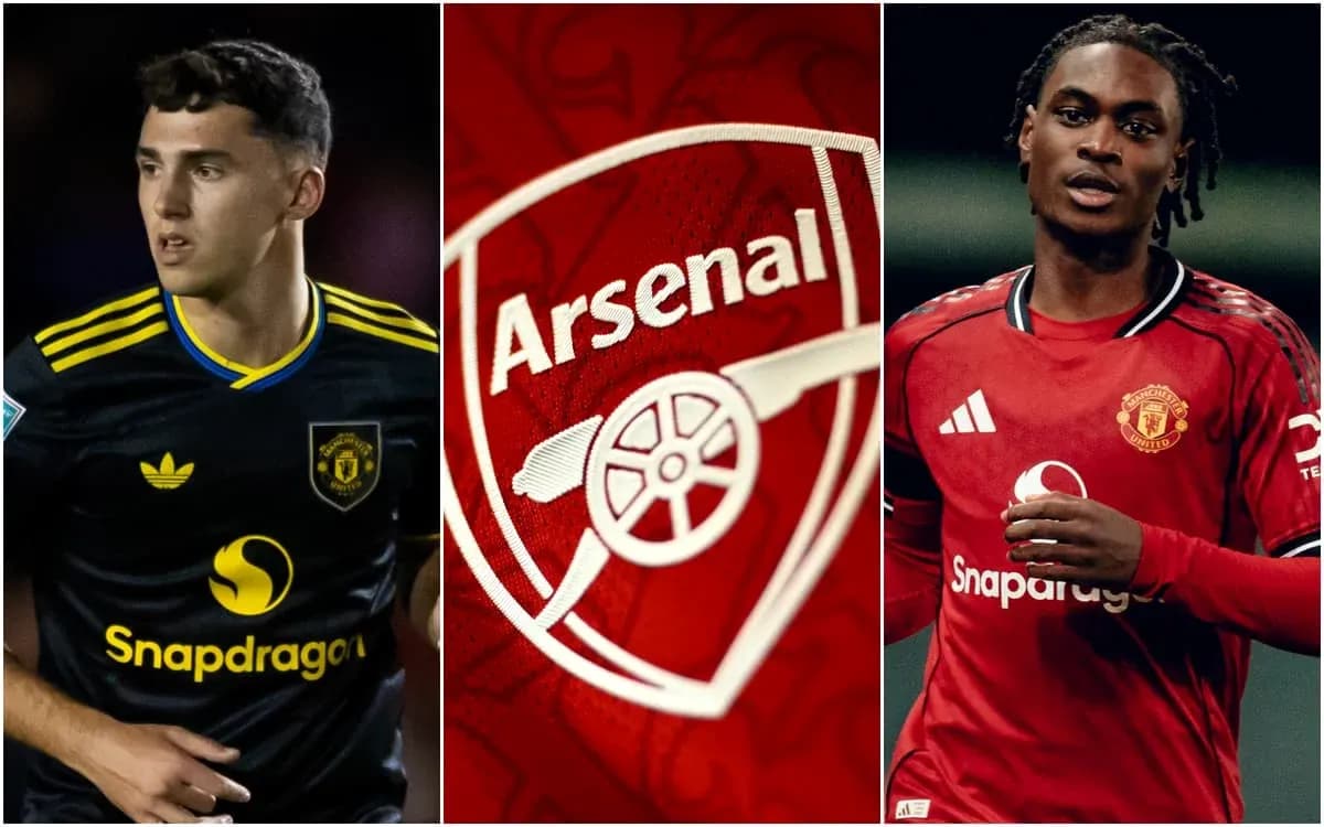 Jugadores de Manchester United y logo de Arsenal Jugadores de Manchester United y logo de Arsenal