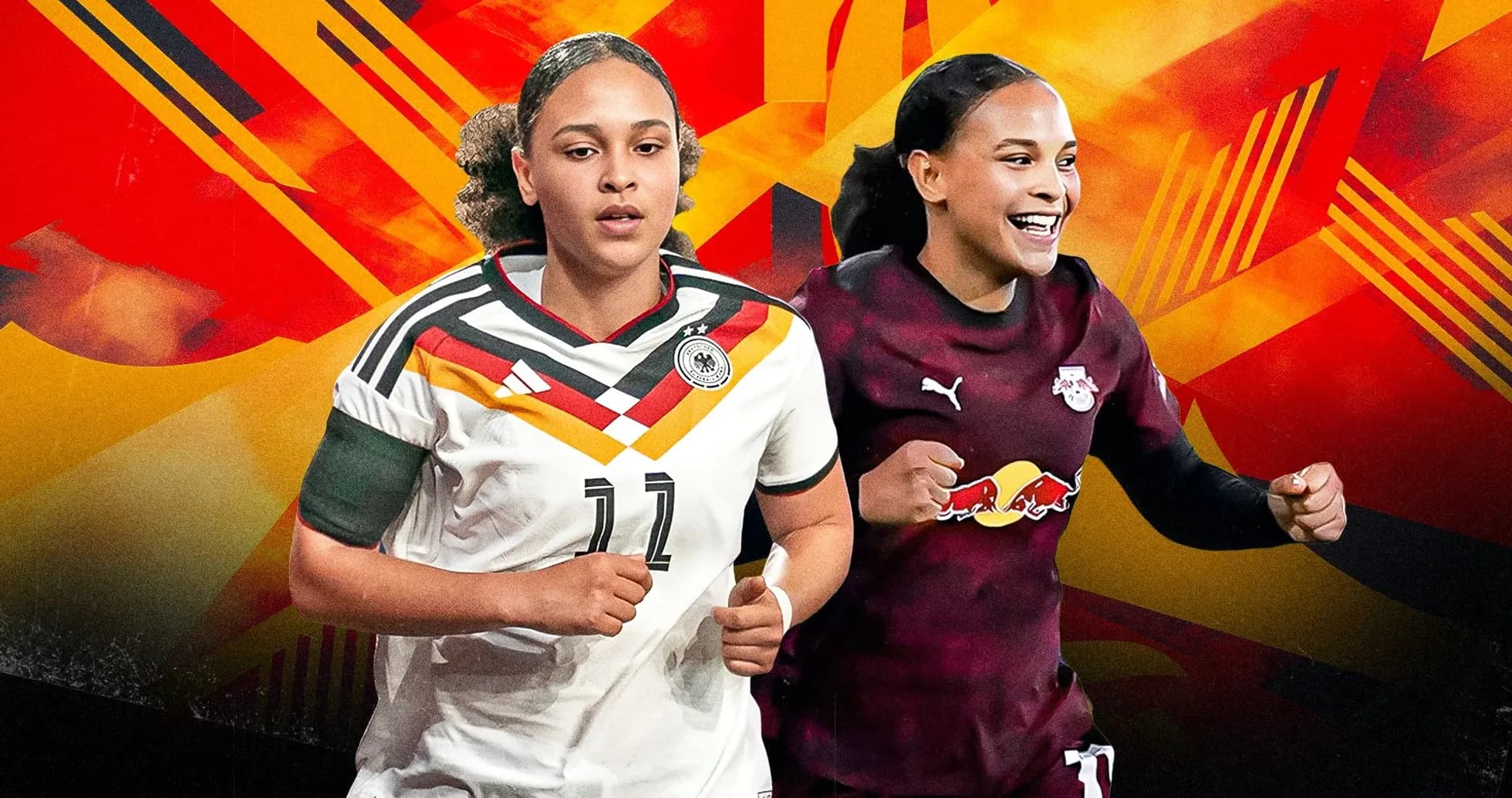 Jugadoras de fútbol con camisetas de Alemania y RB Leipzig Jugadoras de fútbol con camisetas de Alemania y RB Leipzig