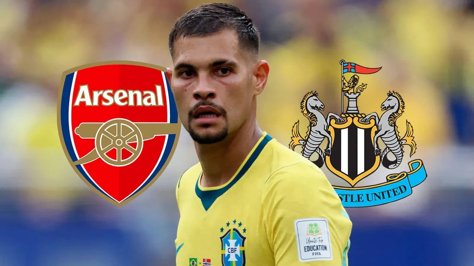 Jugador brasileño con logos de Arsenal y Newcastle Jugador brasileño con logos de Arsenal y Newcastle
