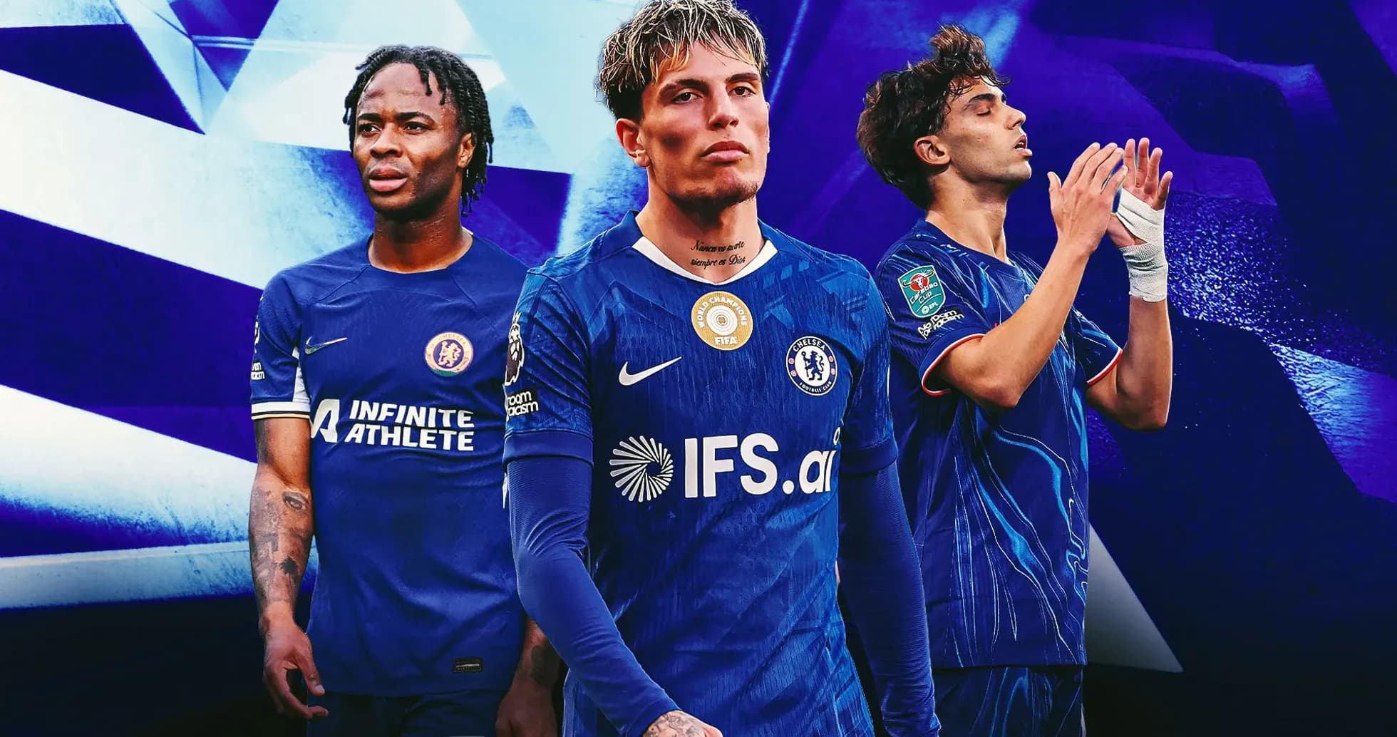 Jugadores de Chelsea en uniforme azul posando juntos Jugadores de Chelsea en uniforme azul posando juntos