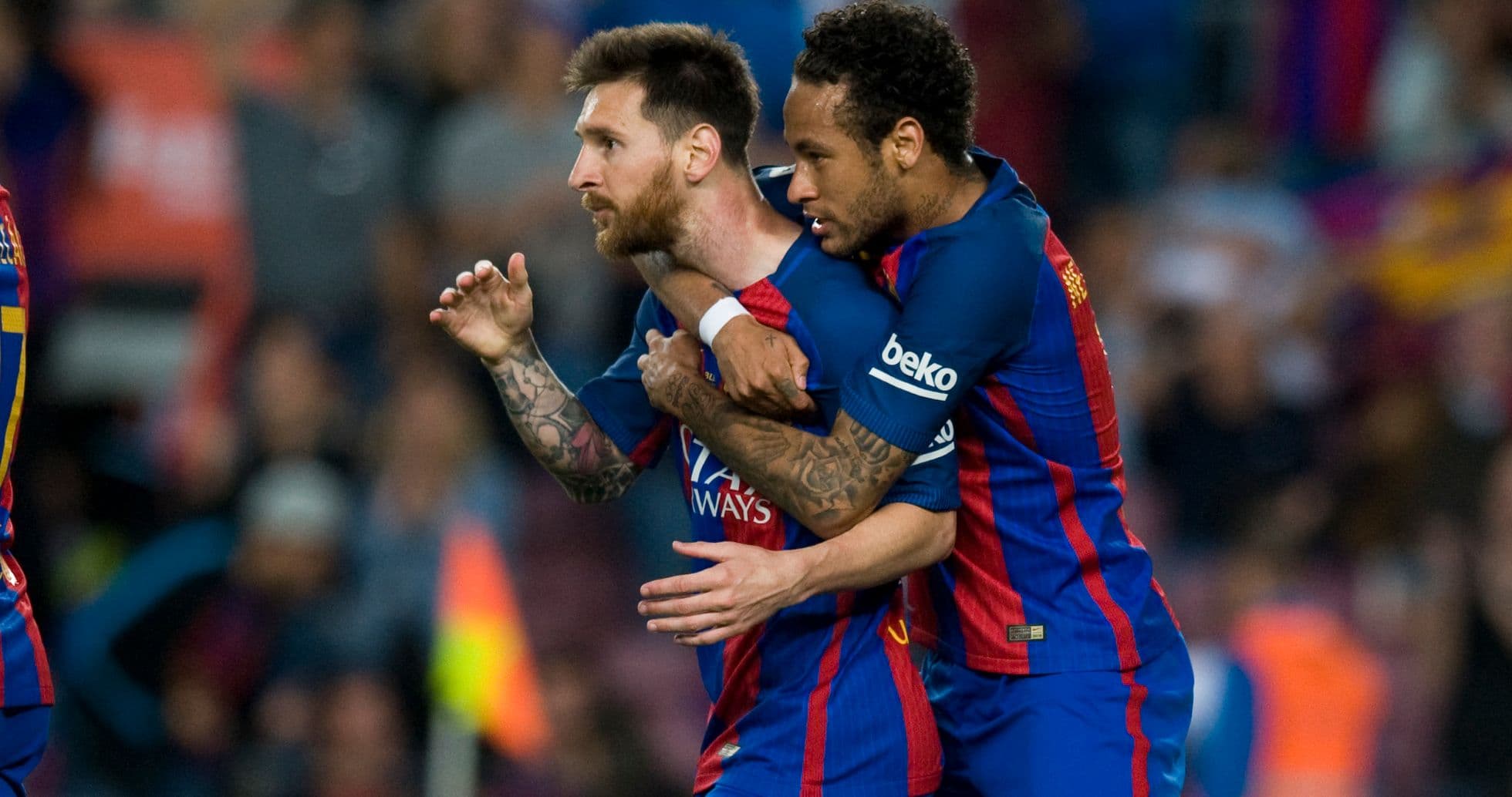 Messi y Neymar celebrando un gol en el partido Messi y Neymar celebrando un gol en el partido