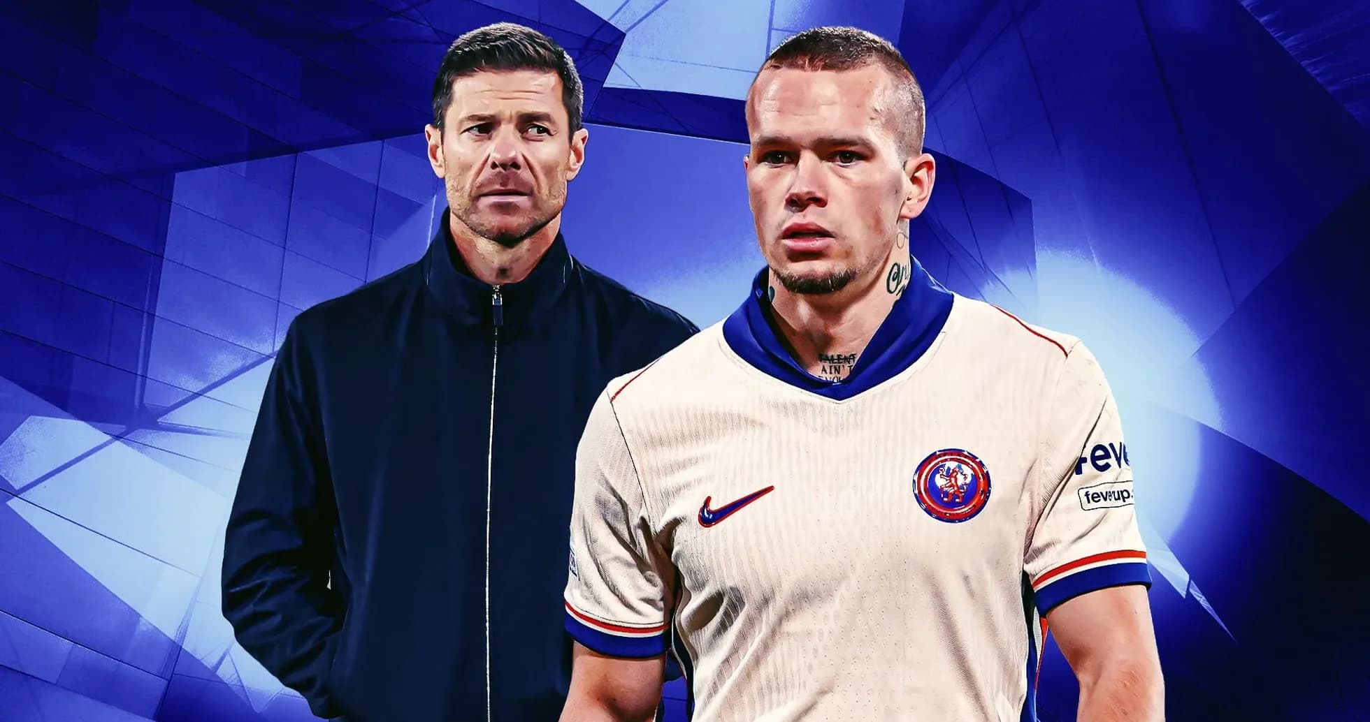 Entrenador y jugador de fútbol en fondo azul Entrenador y jugador de fútbol en fondo azul