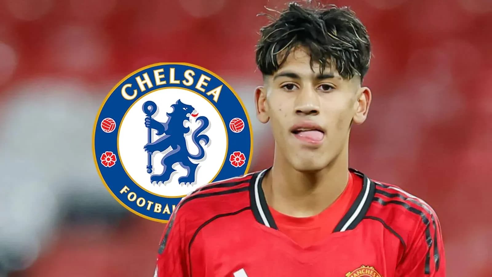 Jugador con camiseta roja frente a logo de Chelsea Jugador con camiseta roja frente a logo de Chelsea