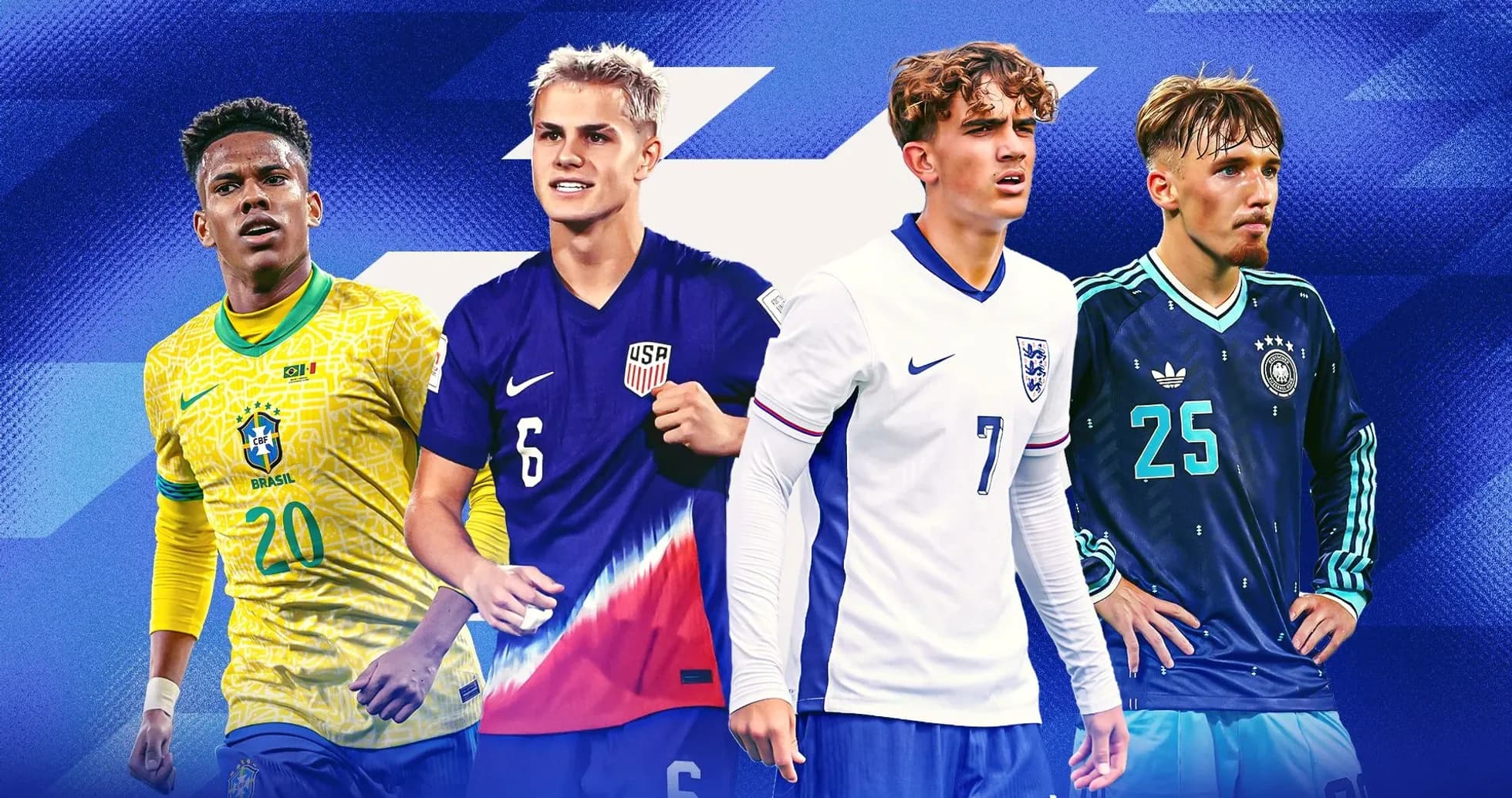 Cuatro jugadores de fútbol en uniforme de selecciones Cuatro jugadores de fútbol en uniforme de selecciones