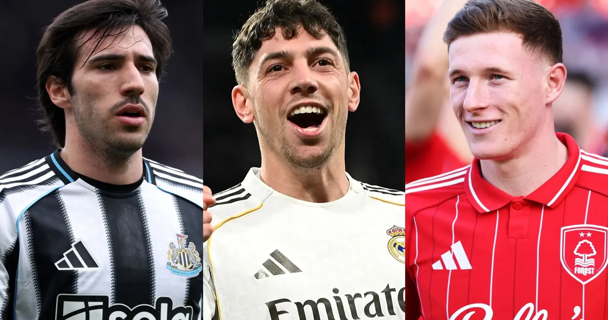 Tres jugadores de fútbol en diferentes camisetas de clubes Tres jugadores de fútbol en diferentes camisetas de clubes
