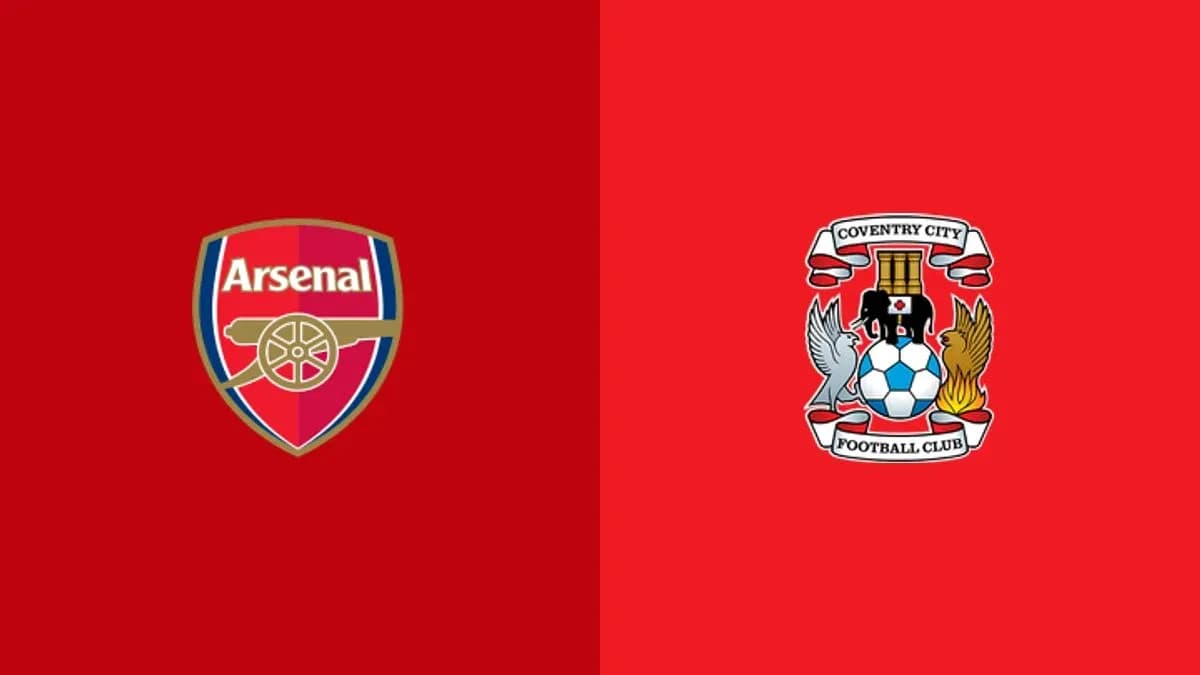 Escudos de Arsenal y Coventry City en fondo rojo Escudos de Arsenal y Coventry City en fondo rojo