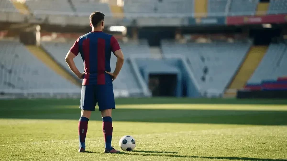 Jugador de fútbol de pie junto a balón en campo Jugador de fútbol de pie junto a balón en campo