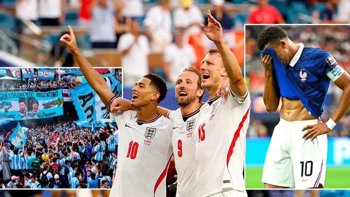 Jugadores de Inglaterra celebrando, afición argentina y jugador de Francia desalentado Jugadores de Inglaterra celebrando, afición argentina y jugador de Francia desalentado