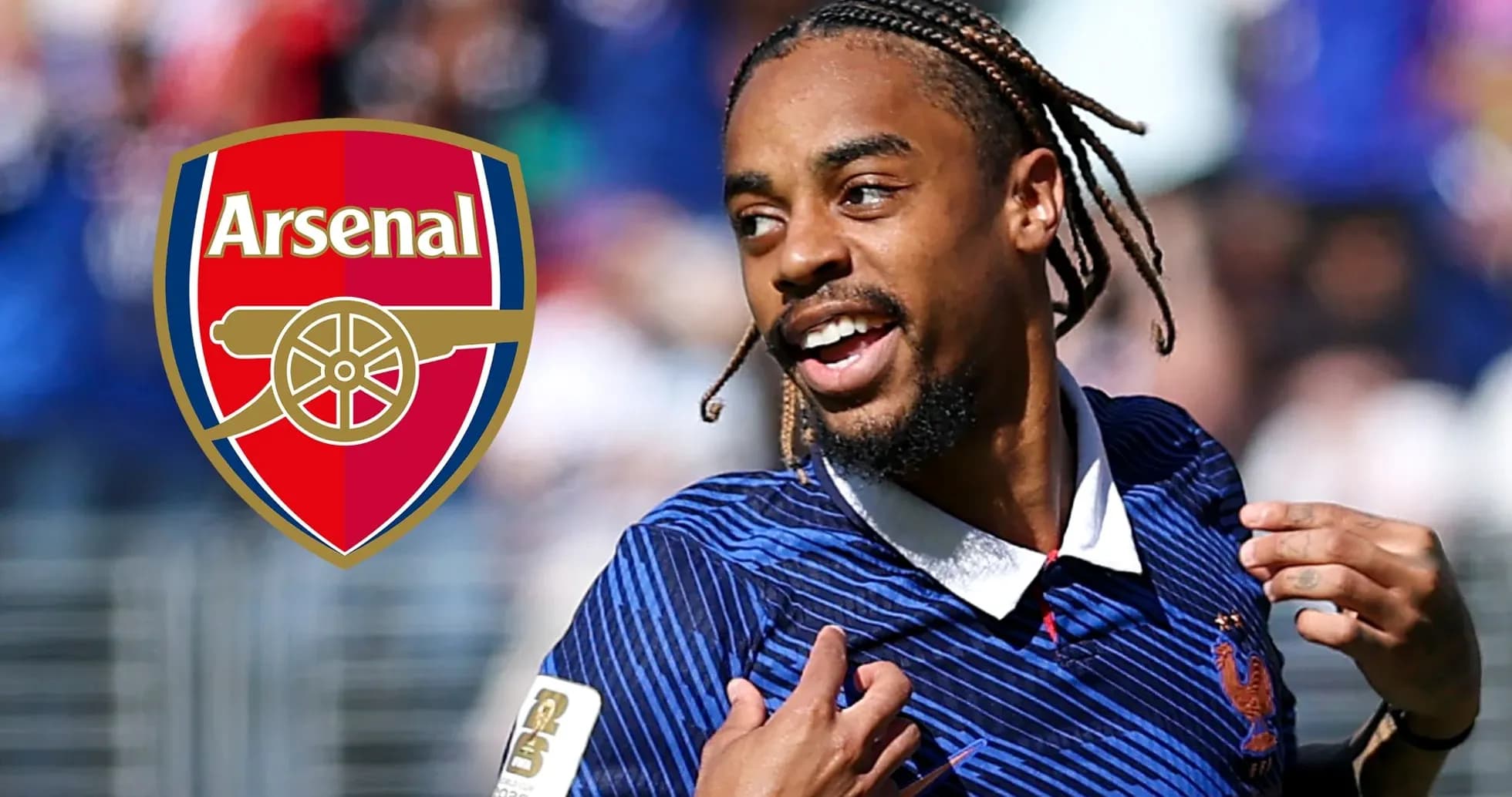 Jugador celebrando con el logo del Arsenal de fondo Jugador celebrando con el logo del Arsenal de fondo