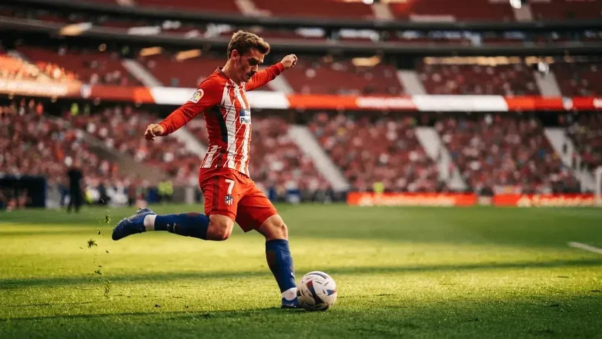 Jugador de Atlético de Madrid golpeando el balón en el campo Jugador de Atlético de Madrid golpeando el balón en el campo
