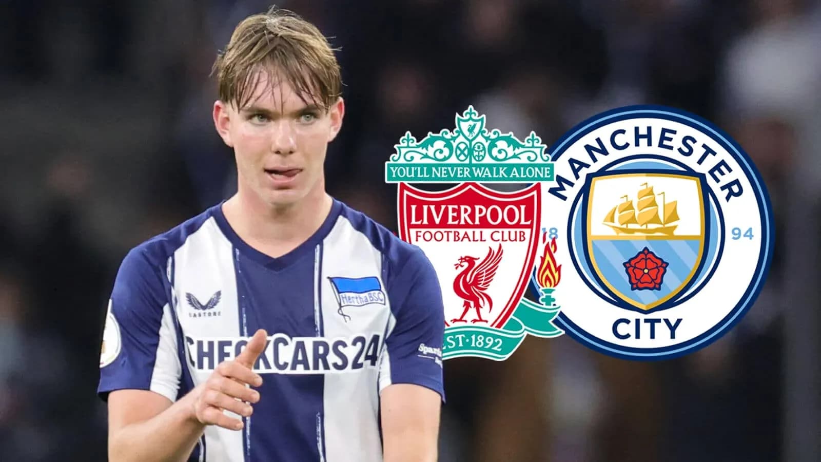 Jugador de Hertha BSC con logos de Liverpool y Manchester City Jugador de Hertha BSC con logos de Liverpool y Manchester City