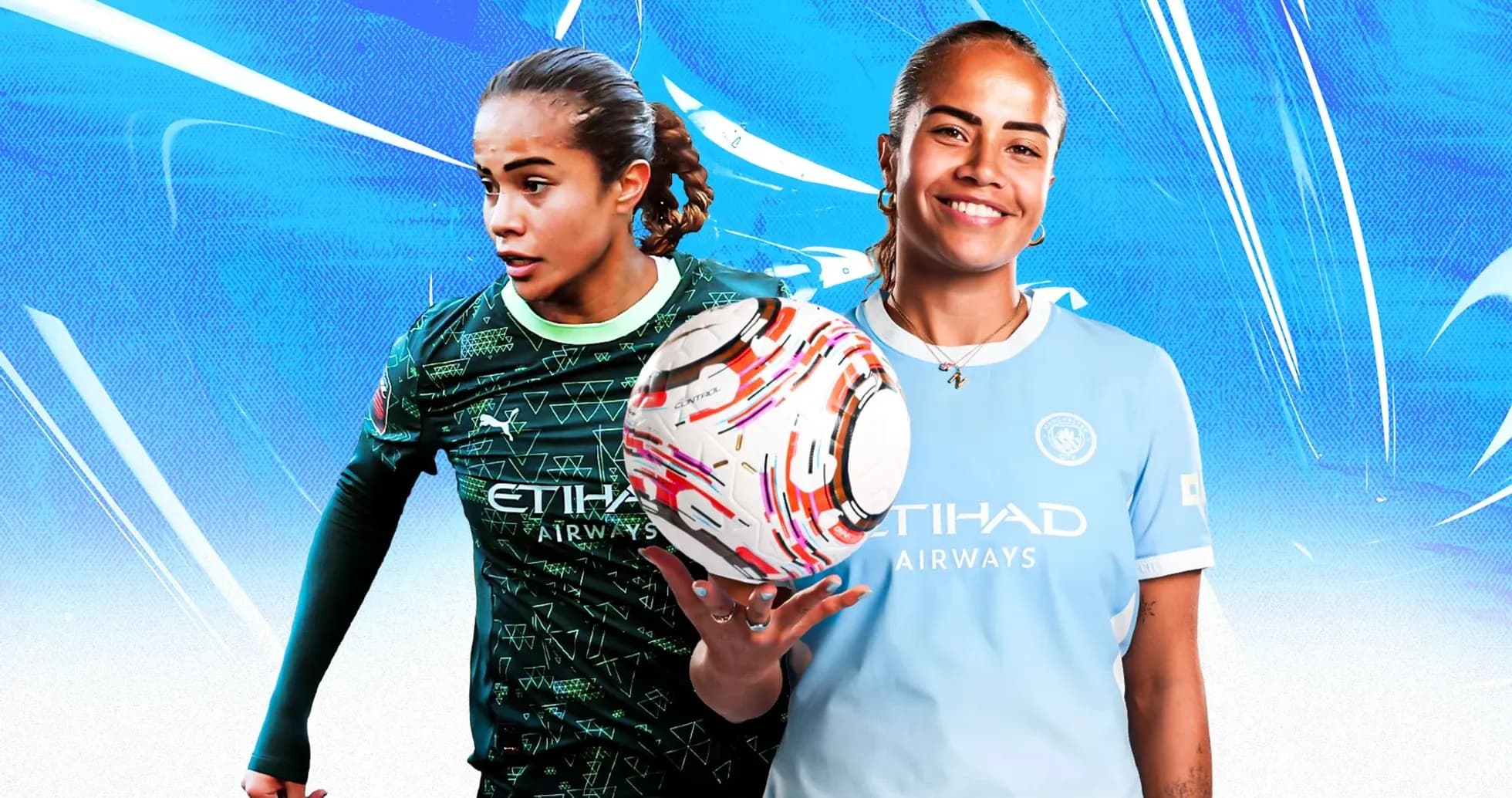 Jugadora sosteniendo balón con uniforme de Manchester City Jugadora sosteniendo balón con uniforme de Manchester City