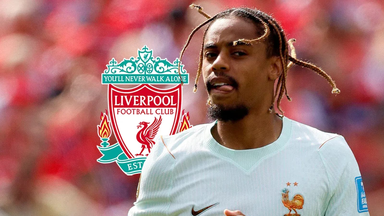 Jugador corriendo con el logo de Liverpool de fondo Jugador corriendo con el logo de Liverpool de fondo